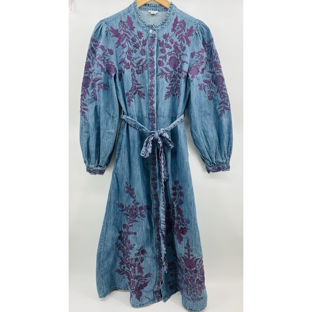 Sundance Blue Embroidered Cottagecore Denim Midi S Dress Western Boho Prairie - Picture 3 of 11